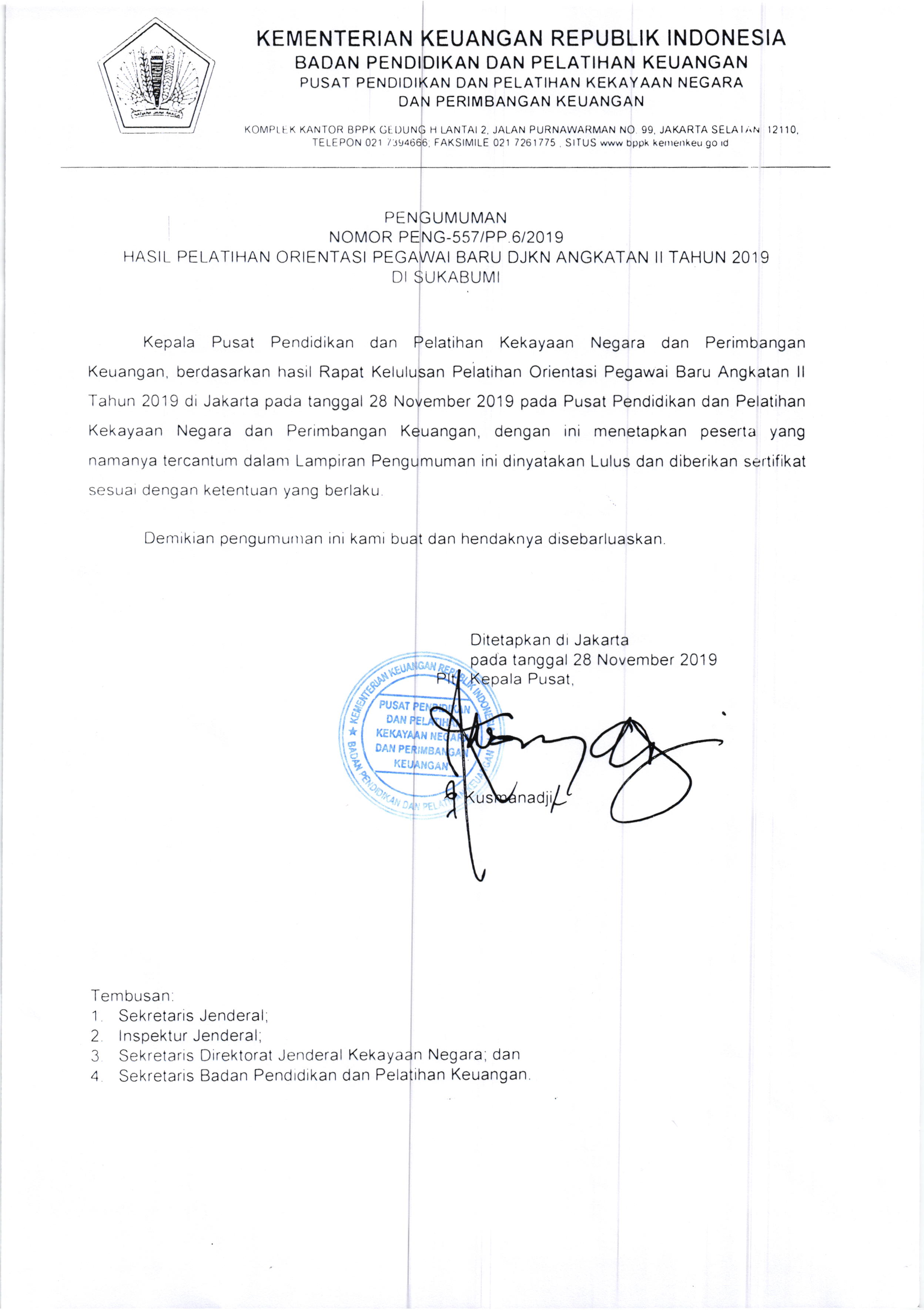 PENGUMUMAN TENTANG HASIL PELATIHAN E-LEARNING PENATAUSAHAAN BARANG MILIK NEGARA  TAHUN 2020